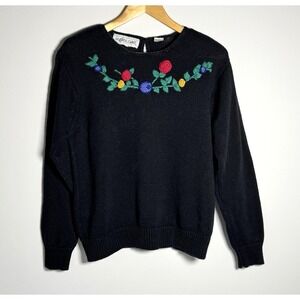 Vtg Andrea Gayle Sweater Black Floral Embroidered Knit Pullover Sz M Cottagecore